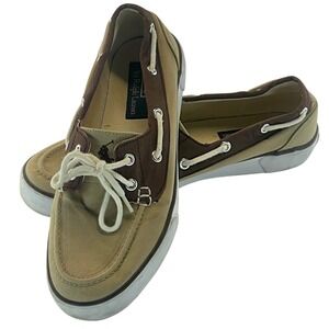 Polo by Ralph Lauren Mens Boat Shoes Canvas Sneakers Size 8‎ Tan Brown